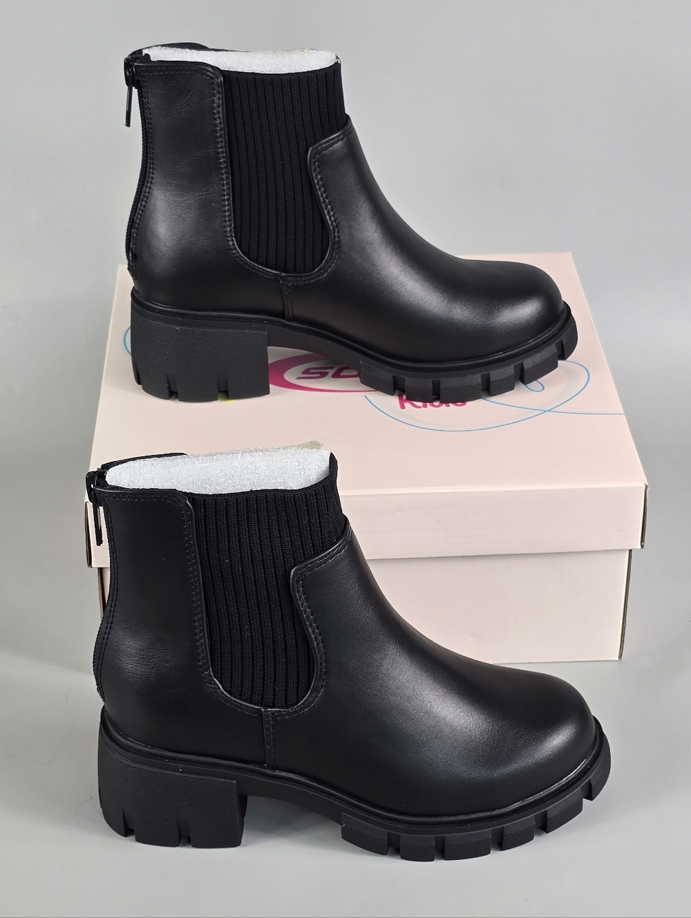 Soda Kids Black Chelsea Lug Boots with Ribbed Elastic Panel